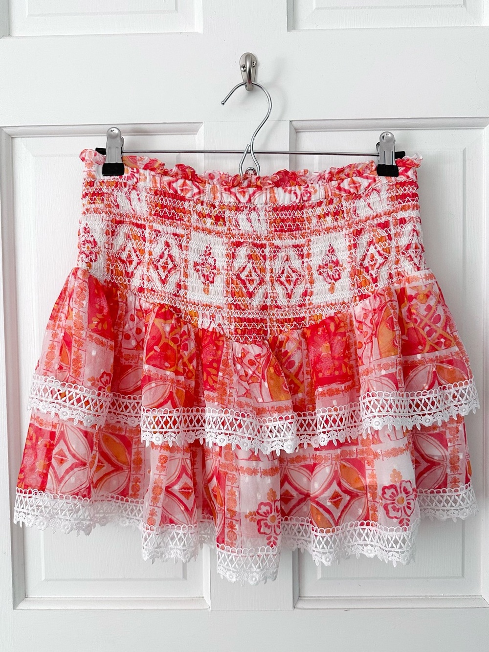 HEMANT & NANDITA Smocked Tiered Mini Skirt Lace Tile Dark Pink Orange Size L